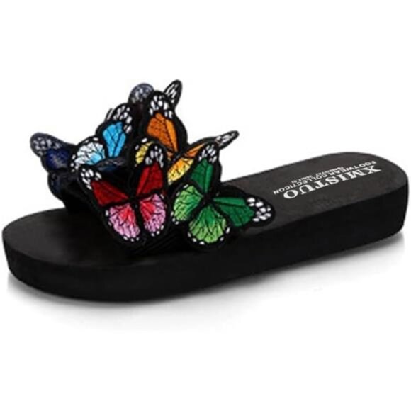 Summer Flat Slide Sandals For Women's Butterfly Platform Low Heel Comfy Sandals - Picture 1 of 8
